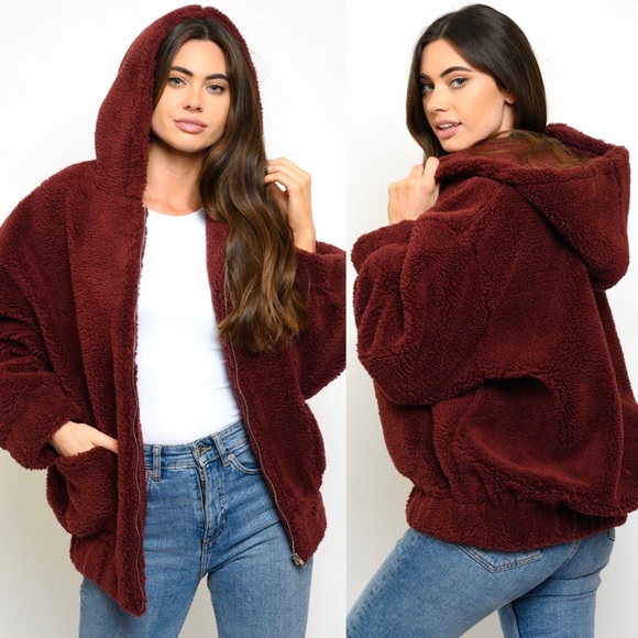 Red Fuzzy Oversized Hooded Sweater Jacket - Picture 2 of 3